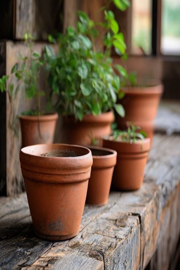 A close-up slightly elevated shot of three terracotta pots arranged on a rustic wooden bench One pot features crisp whit