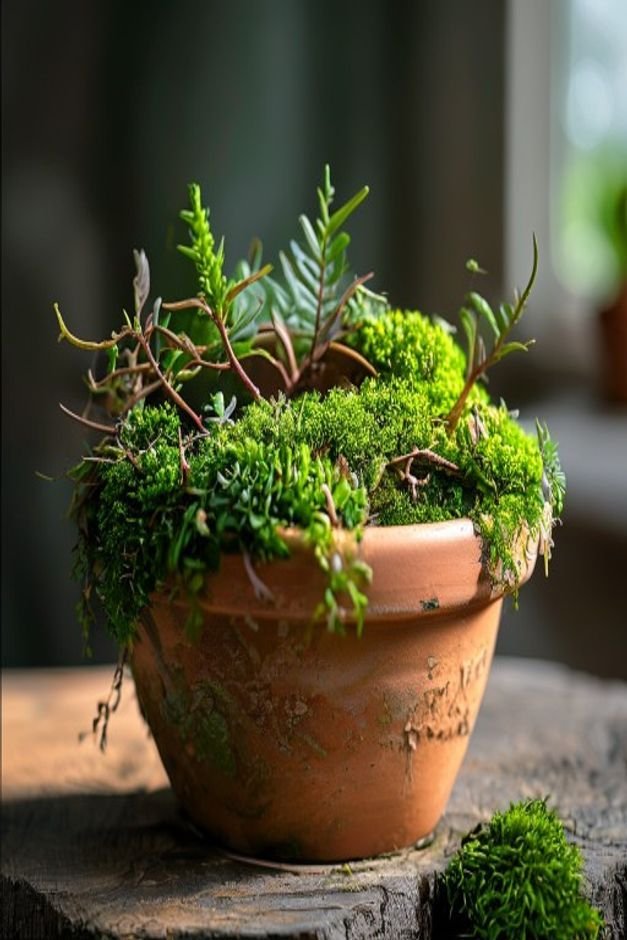 A detailed close-up shot of a medium-sized terracotta pot adorned with natural elements Green preserved moss is artfully