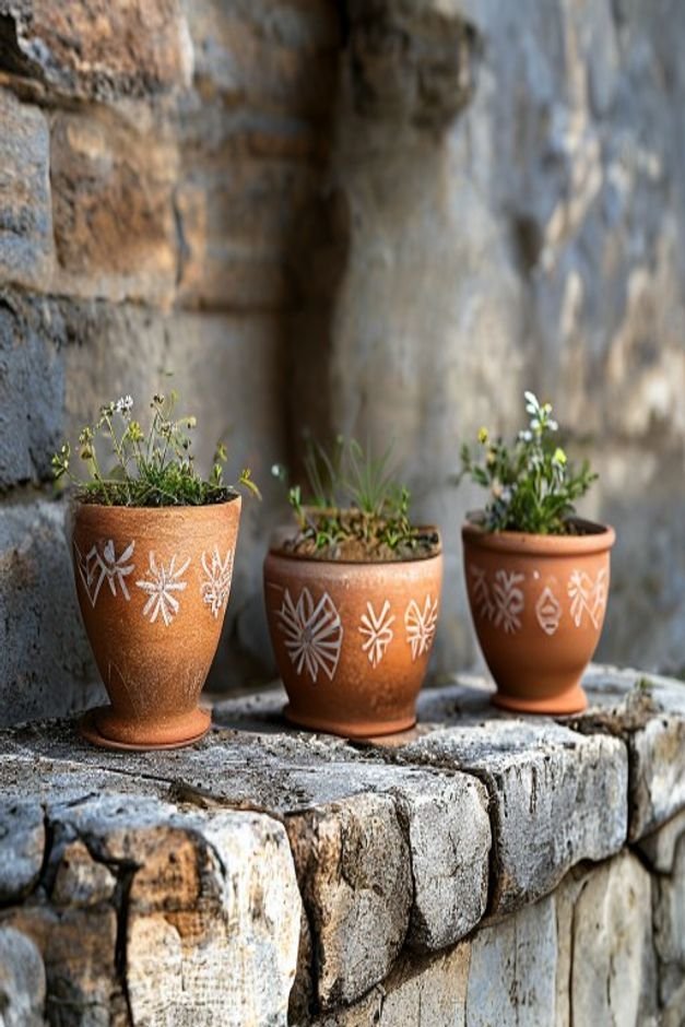 A trio of small terracotta pots with various stenciled designs sitting on a weathered stone ledge One pot has a delicate