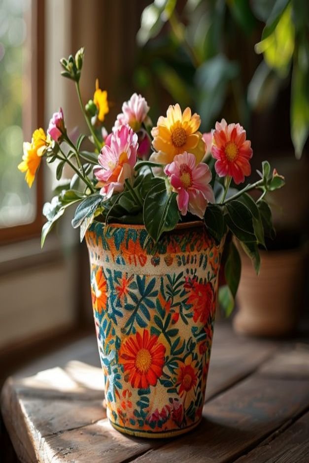 A charming flower pot covered in a vibrant patterned cotton fabric perhaps an Indian block print or a botanical design s