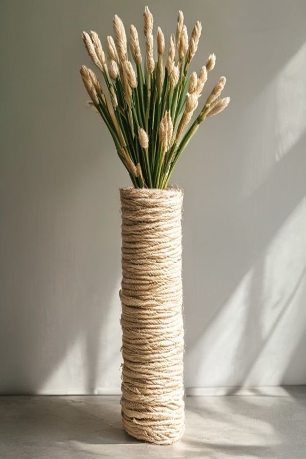 A tall slender flower pot completely wrapped in natural jute rope creating a textural bohemian look The rope is neatly c
