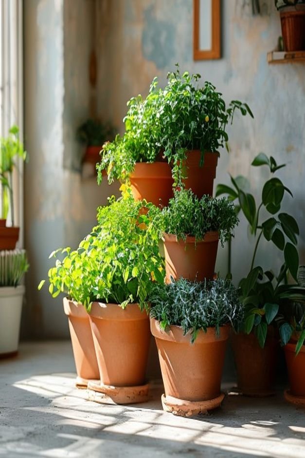 A vertical arrangement of three different-sized terracotta pots stacked and secured to create a compact herb tower Fresh