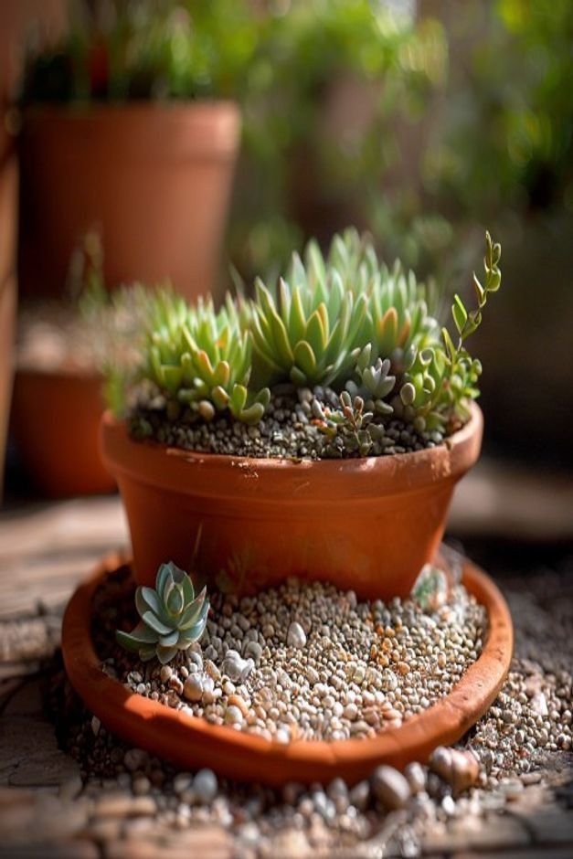 A wide shallow terracotta pot transformed into a whimsical miniature garden Tiny pebbles form a path small succulent pla
