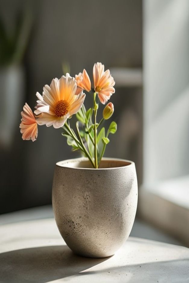 A modern minimalist flower pot with a textured matte concrete-like finish achieved with paint and texture additive It ho