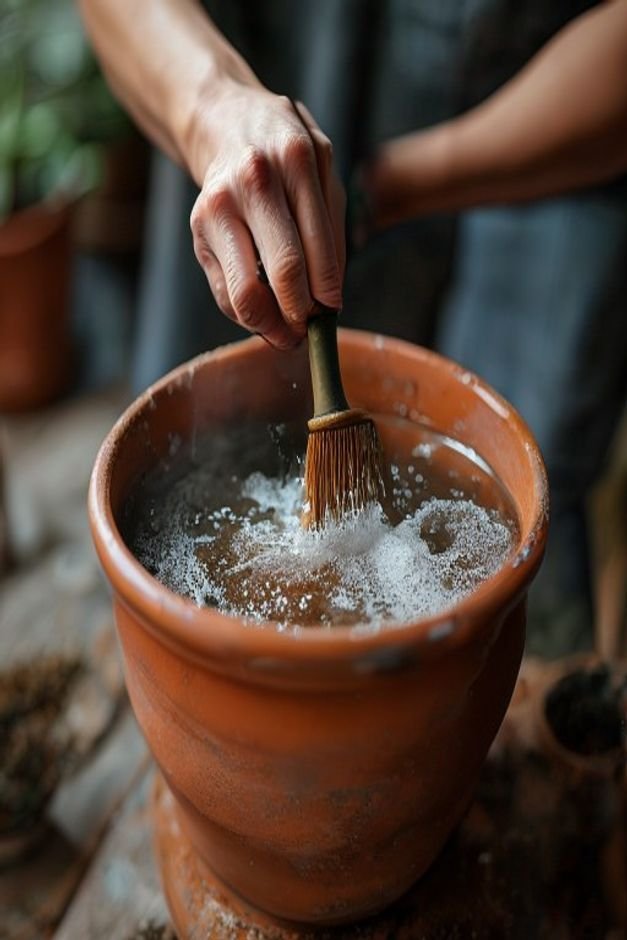 Close-up overhead shot of hands gently scrubbing a terracotta pot with a stiff brush and soapy water preparing it for pa