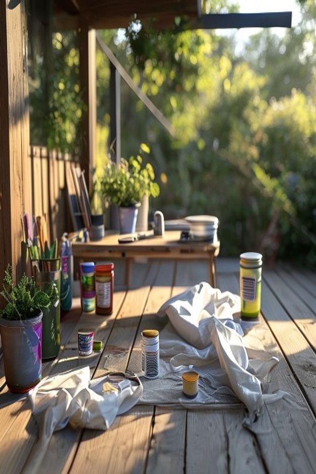 A neatly organized outdoor workstation on a wooden deck Various paint cans brushes and a protective tarp are laid out On