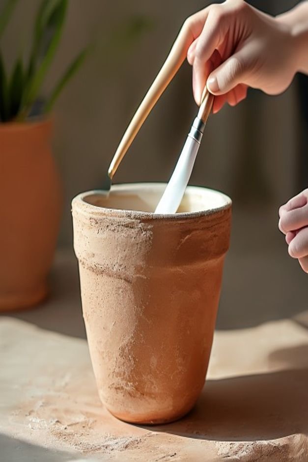 A skilled hand applying a smooth even coat of white primer to a clean terracotta pot using a wide flat brush The pot sit