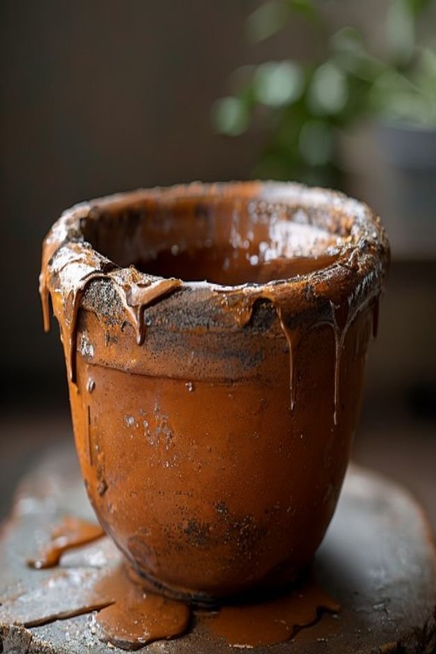 A close-up shot of a terracotta pot with visible drips and uneven thick patches of recently applied paint The texture is