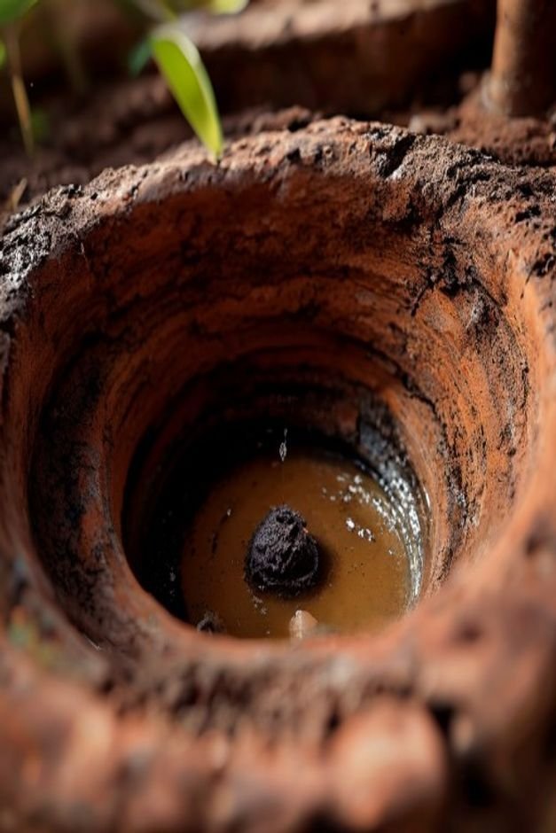 An extreme close-up low-angle shot looking up into the drainage hole of a terracotta pot A small dry paint clog is clear