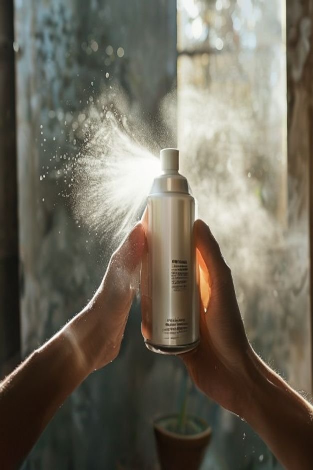 A hand holding a spray can of clear exterior sealant applying a fine even mist over a beautifully painted and dried terr