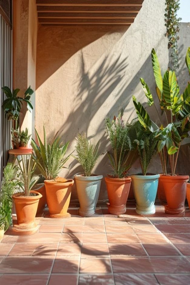 A row of several freshly painted colorful terracotta pots drying undisturbed on a shaded well-ventilated patio floor Sun