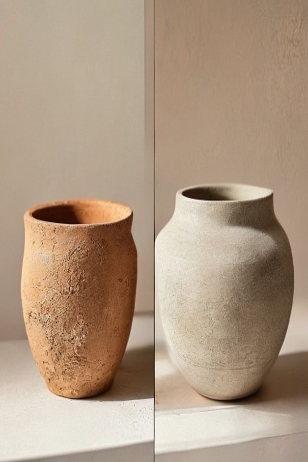 A side-by-side comparison On the left a raw porous terracotta pot On the right a smooth glazed ceramic pot Both are unpa