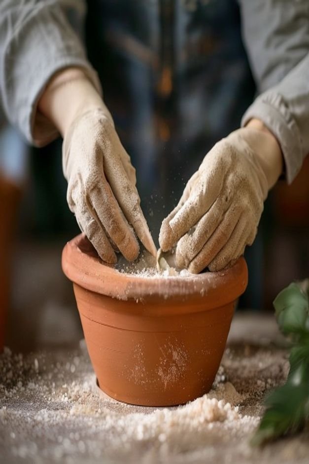 A pair of hands in gardening gloves gently sanding the surface of a terracotta pot with fine-grit sandpaper dust visible