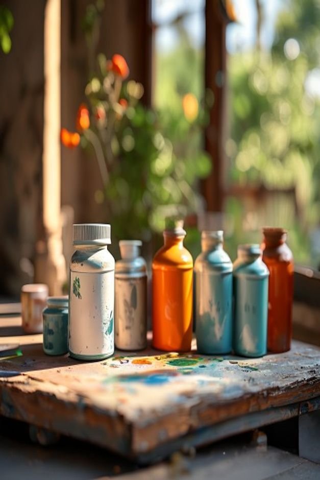A close-up flat lay shot of various paint cans and bottles acrylic outdoor latex arranged neatly next to a painted terra