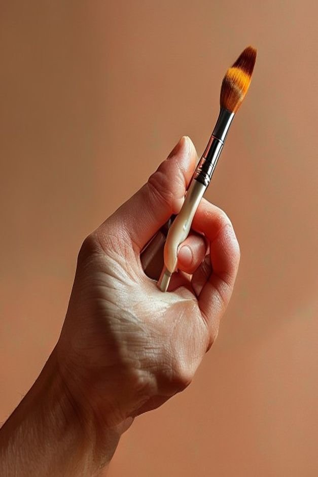 A close-up of a hand holding a paintbrush applying a thin even layer of light-colored paint to the side of a terracotta