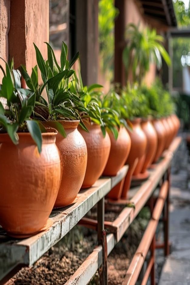 A row of freshly painted terracotta pots of various sizes uniformly colored drying on a sturdy outdoor rack in a well-ve