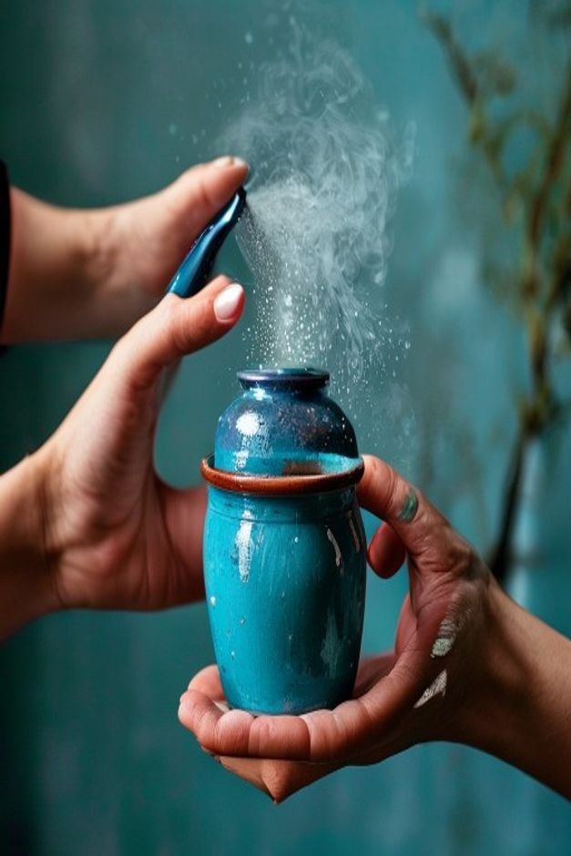 A clear sealant spray can held by a hand lightly misting a vibrant blue painted terracotta pot creating a subtle sheen o