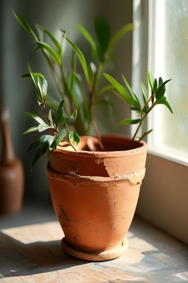 A cut-away style editorial photo showing the inside of a terracotta pot where the interior rim is painted but the main i