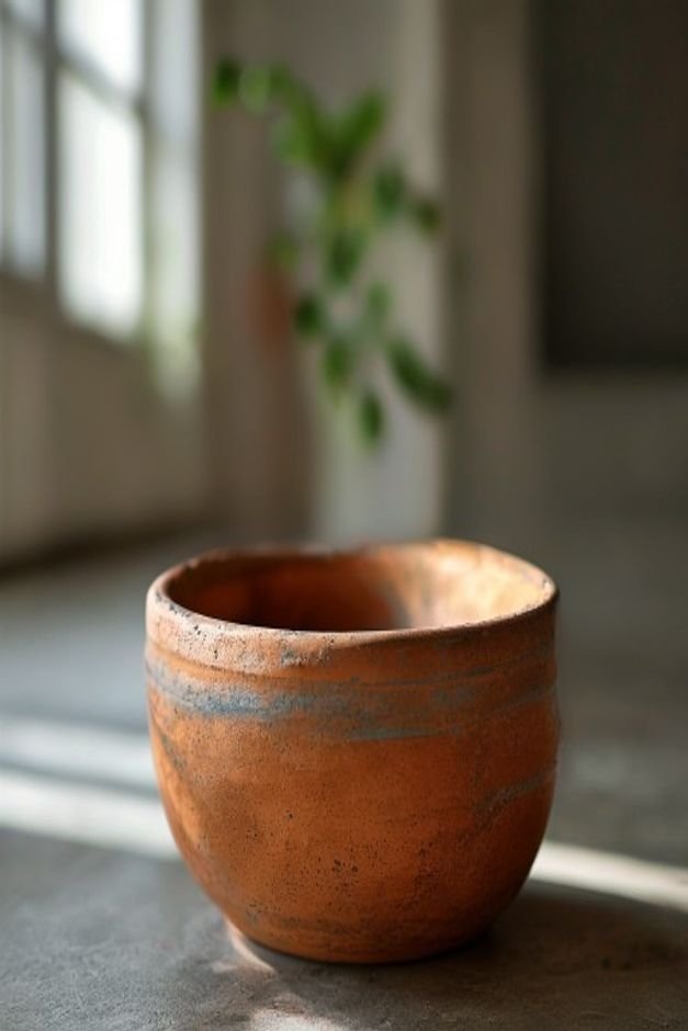 A close-up slightly low-angle shot of the underside of a painted terracotta pot showing a clean unpainted or properly se
