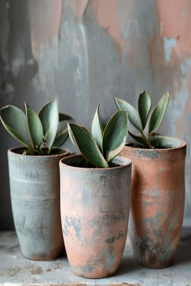 A close-up shot of three terracotta pots painted with matte chalk paint in soft charcoal and dusty rose The texture is v