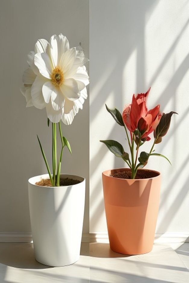 A high-angle photo of two large flower pots featuring a sharp diagonal color-block design One half is crisp white and th