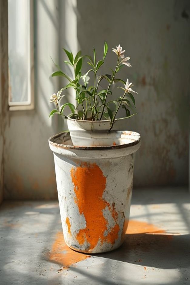A detailed shot of a large pot with a distressed whitewash finish showing hints of the original orange terracotta peekin