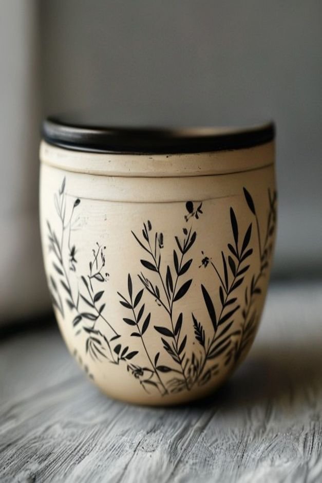 A macro photograph of a cream-colored painted pot decorated with delicate black ink-style botanical line drawings of lea