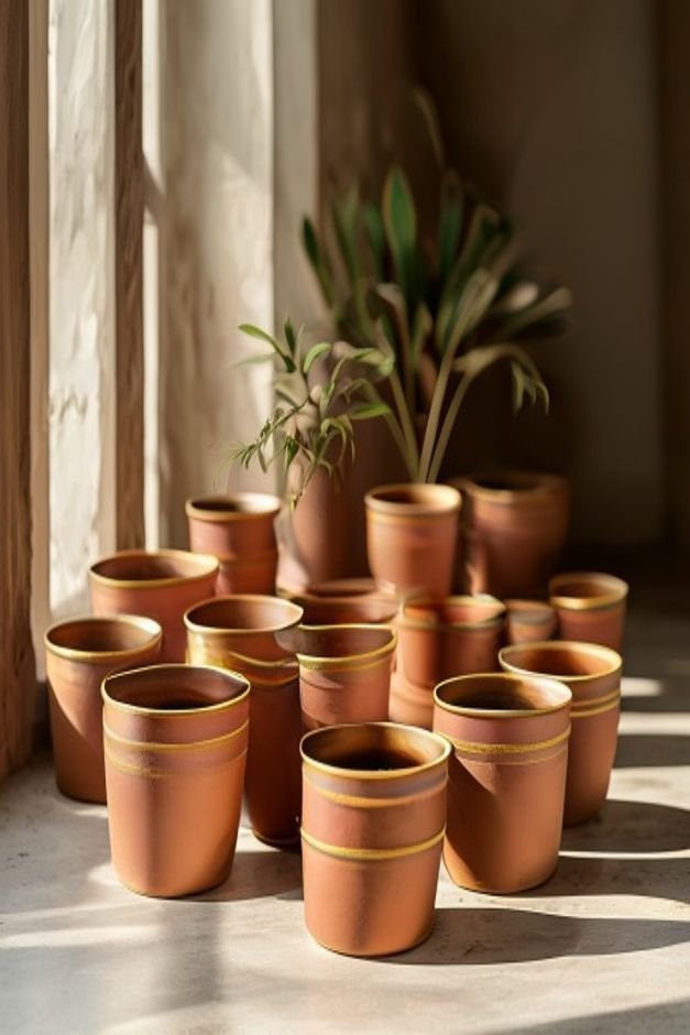 An eye-level shot of a cluster of small pots painted in a matte terracotta color with thin elegant gold metallic bands a