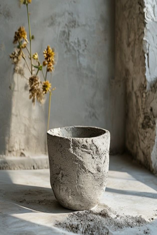 A texture-focused shot of a flower pot painted with a thick sand-infused paint that looks like natural gray granite The
