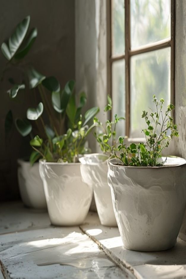 A side-view of three medium-sized pots that look as if they were dipped halfway into white paint The top half is raw ter
