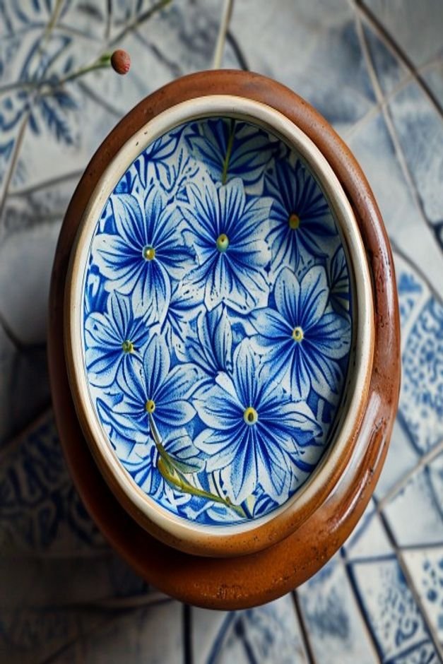 A top-down view of a flower pot featuring a blue and white stenciled pattern inspired by traditional tiles The pattern i