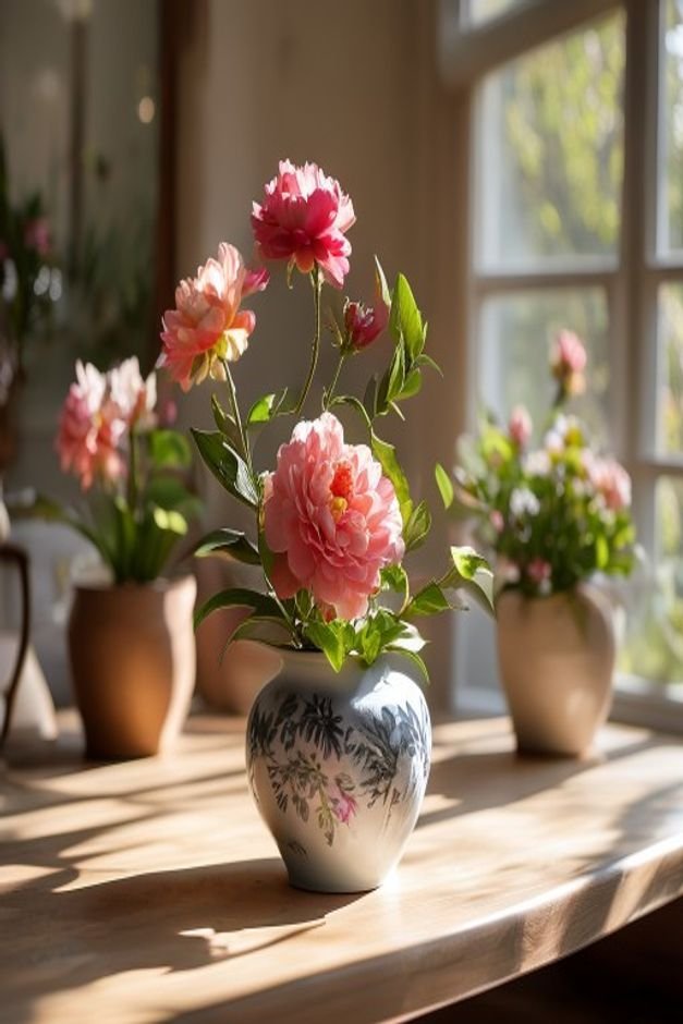 Editorial home photo for Building a Cohesive Collection of Painted Flower Pots, natural light, realistic styling, no tex