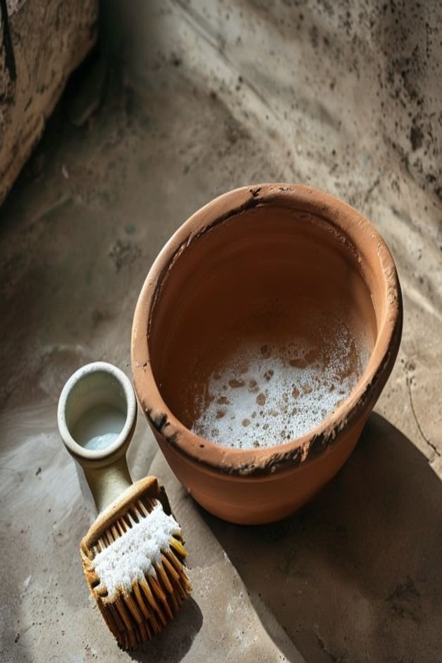 A close-up overhead shot of a clean unpainted terracotta pot next to a bucket of soapy water and a scrub brush implying