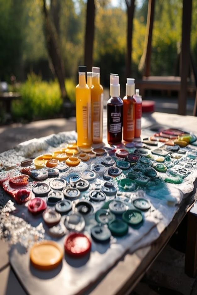A collection of various paints and sealants laid out on a drop cloth on an outdoor workbench Bottles are clearly labeled