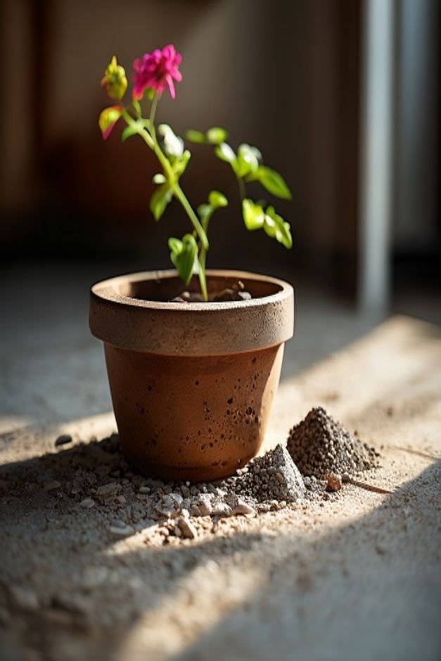 A detailed shot of the bottom of a flower pot with a clear drainage hole next to a small pile of gravel or pot shards Th