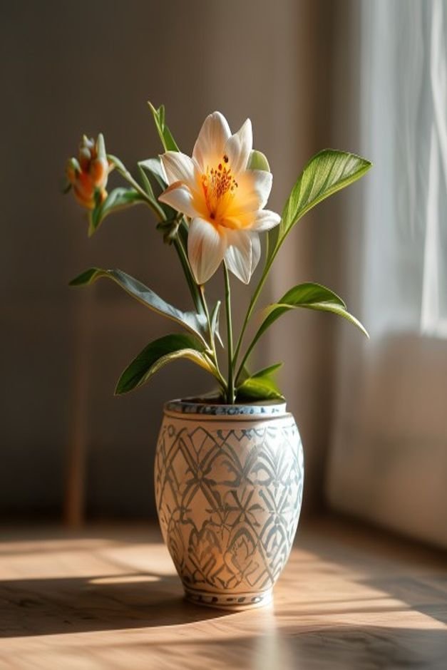 An artfully composed still life of a single elegantly decorated flower pot with a simple tasteful pattern and a lush pla