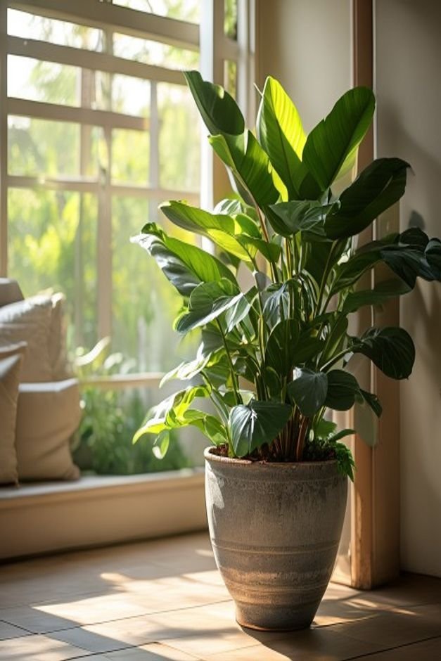 A wide shot of a garden corner showcasing a large mature plant in a proportionally appropriate decorated pot Smaller coo