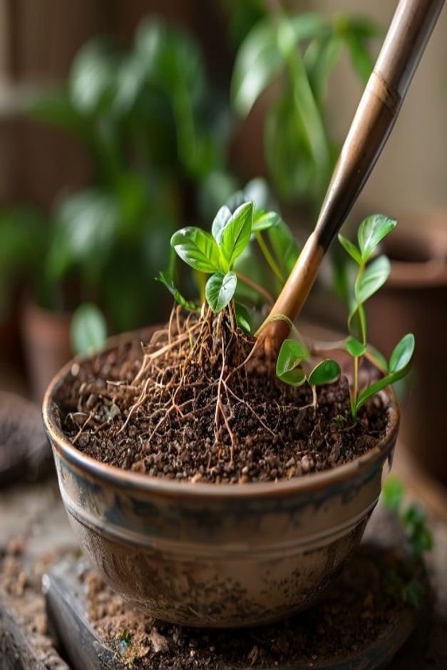 A close-up of a well-draining potting mix being added to a decorated pot with healthy plant roots visible A trowel is ge