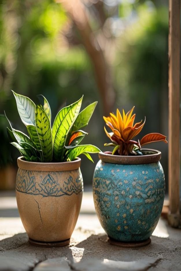 An outdoor vignette featuring two or three decorated pots each with a different texture or color scheme but all compleme