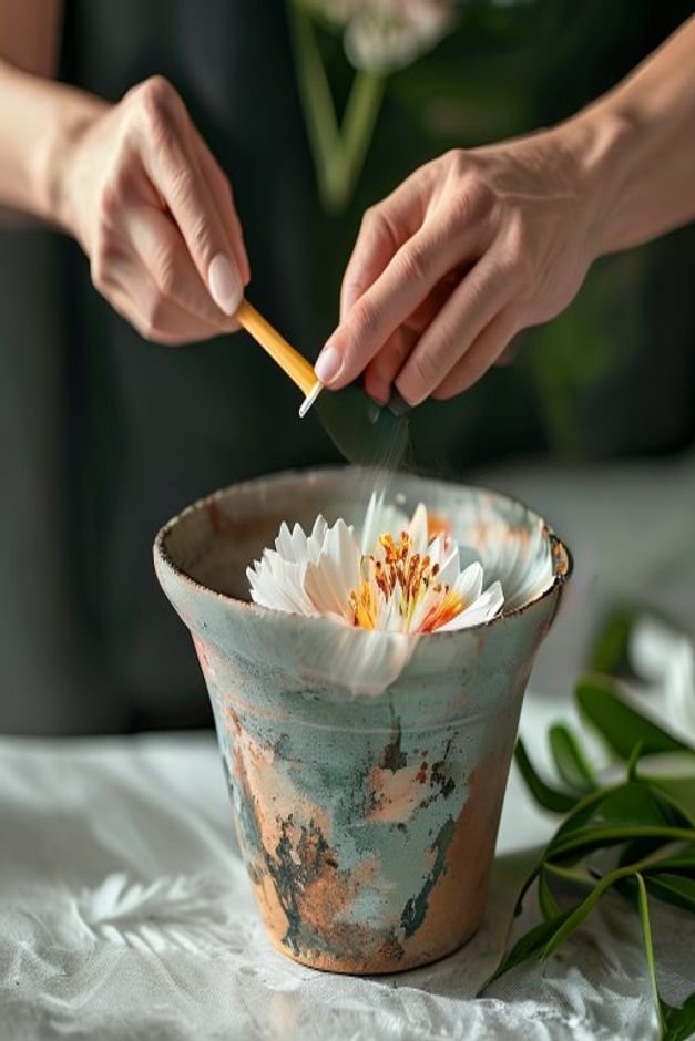 A pair of hands carefully applying a clear protective sealant to a freshly painted flower pot using a wide brush The pot