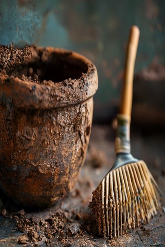 A close-up shot of a dirty used terracotta pot covered in dried soil and mineral stains next to a scrubbing brush and a