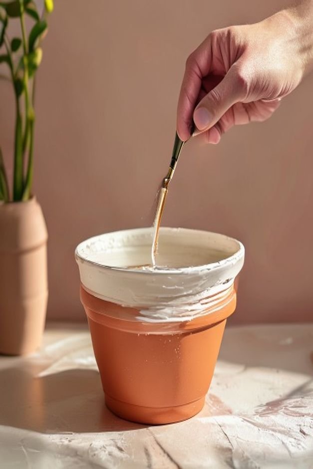 A clean terracotta pot being primed with a white exterior primer showing a thin even coat A hand holding a brush focused