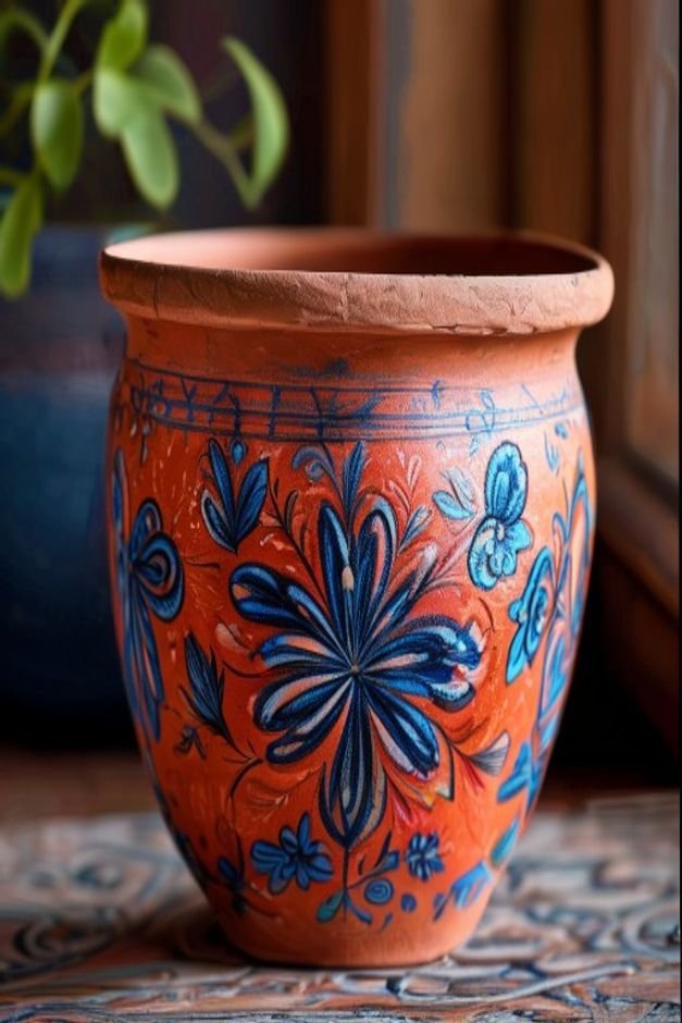 Close-up editorial photo of a terracotta flower pot hand-painted with intricate vibrant Indian floral patterns in blues