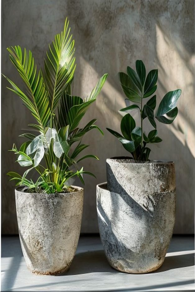 Editorial photo of a collection of three garden pots with varying textured finishes one resembling rough concrete anothe