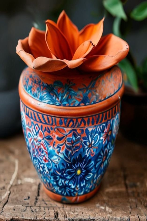 Close-up editorial photo of a terracotta flower pot hand-painted with intricate vibrant Indian floral patterns in blues