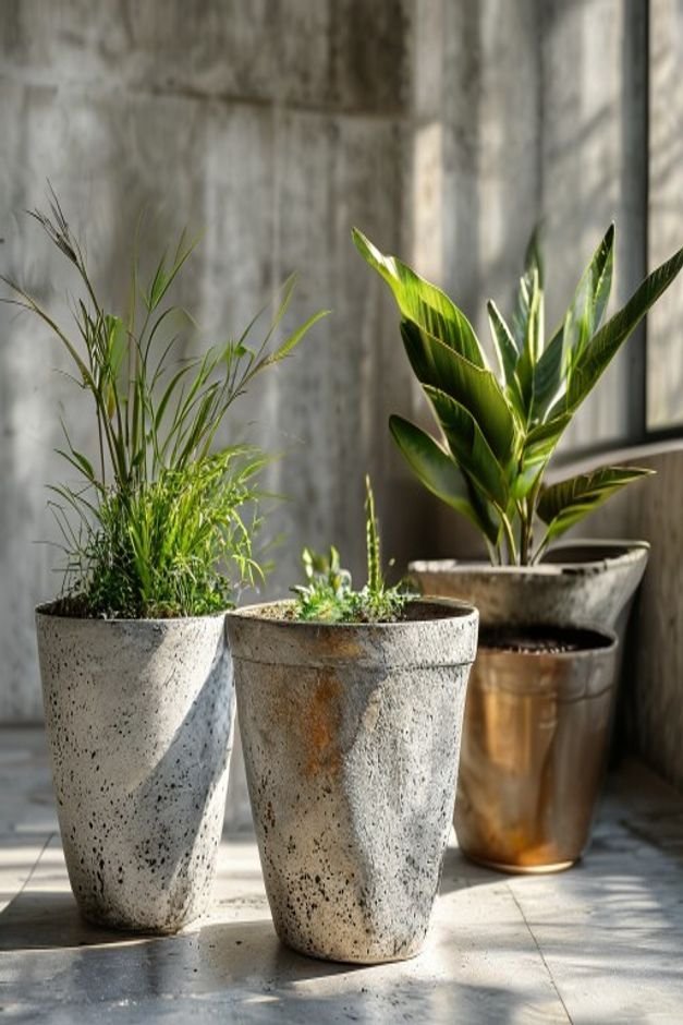 Editorial photo of a collection of three garden pots with varying textured finishes one resembling rough concrete anothe