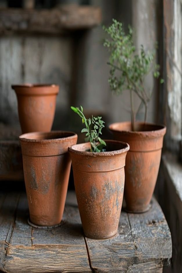 A close-up slightly overhead shot of three terracotta pots arranged on a rustic wooden bench One pot is painted with che