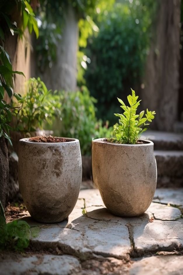 A detailed shot of two large garden pots sitting on a stone patio One pot has a rough artisanal concrete-effect finish i