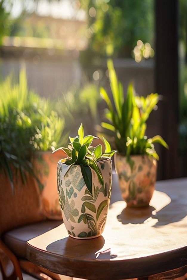 An arrangement of three medium-sized planters on a sun-dappled outdoor table One pot is decoupaged with a soft patterned
