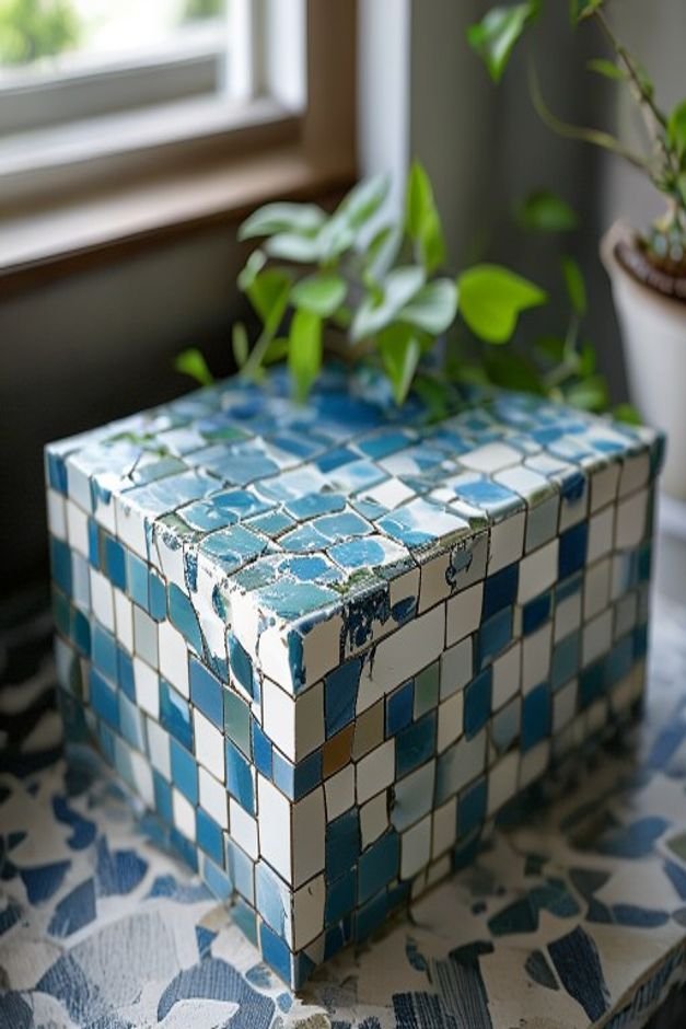 A close-up of a square planter decorated with a simple mosaic pattern Broken pieces of blue and white ceramic tiles are